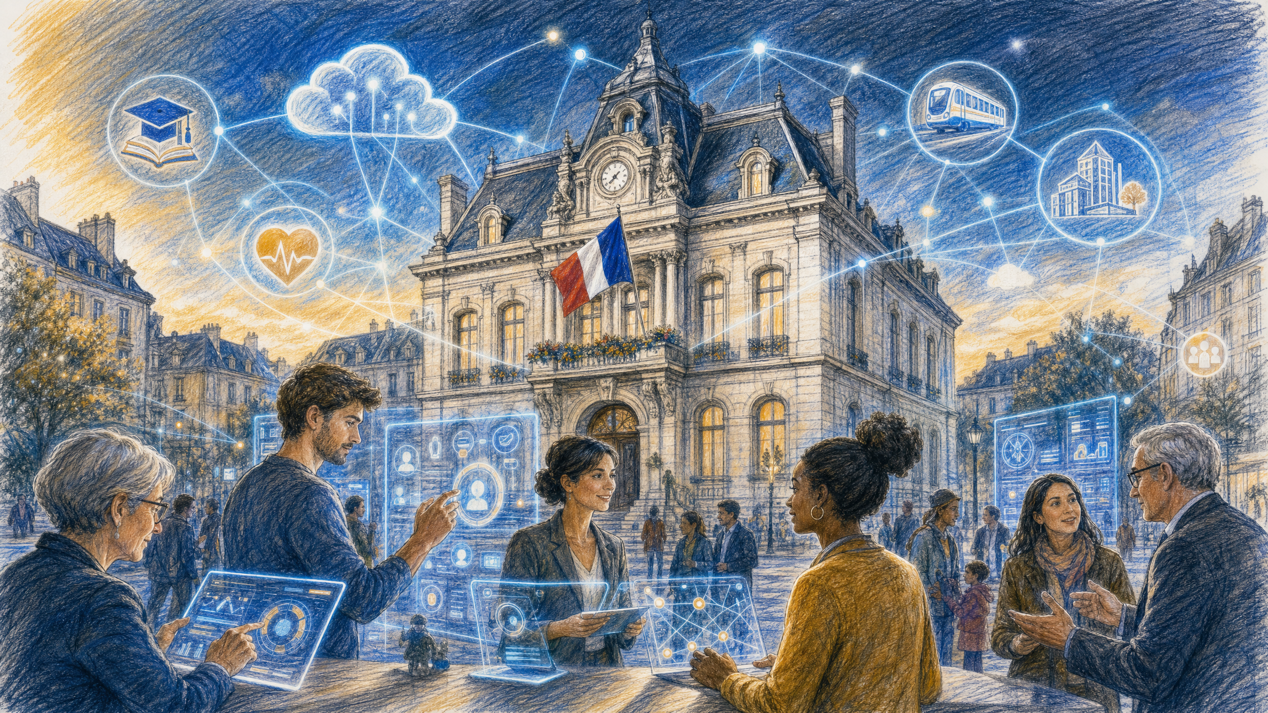 Collectivité intelligente — illustration crayon couleur